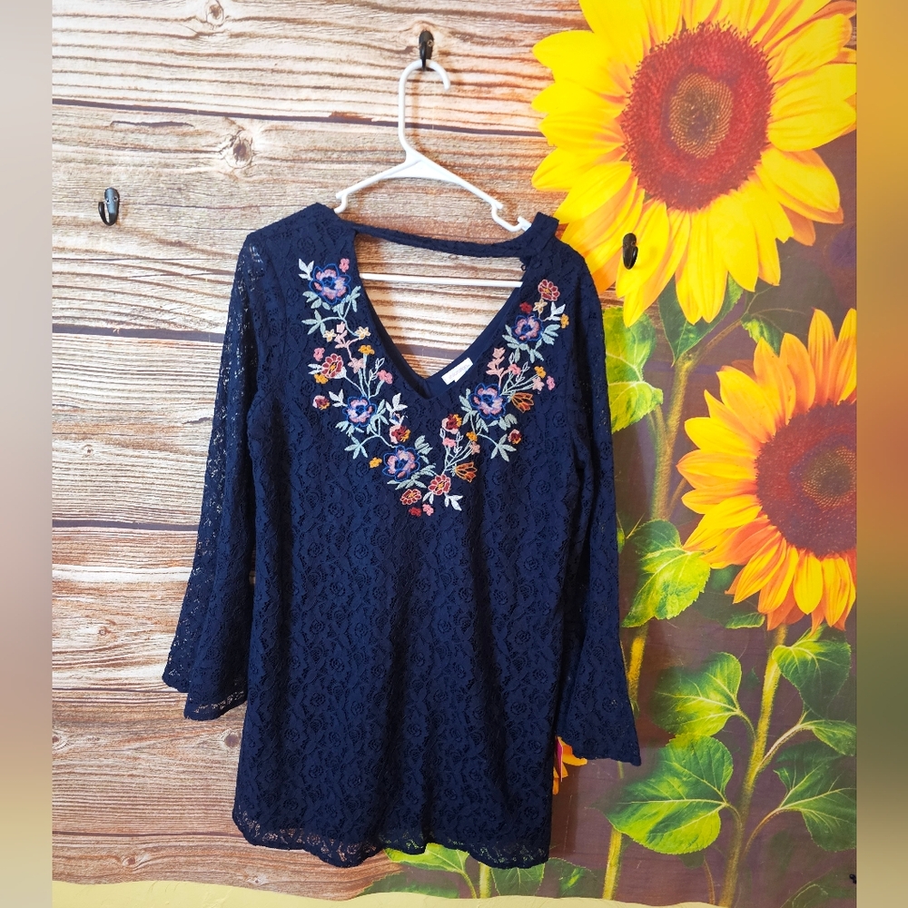 Floral Embroidered Navy Lace Top